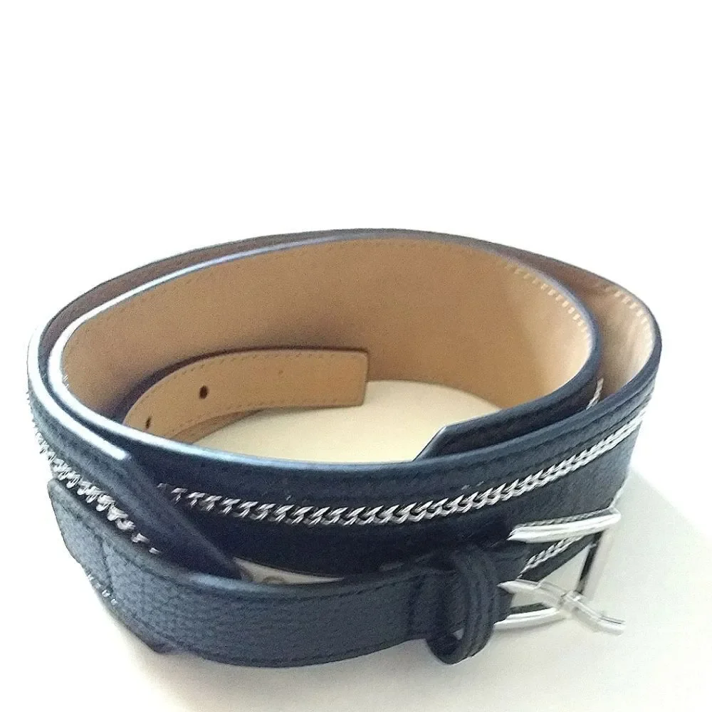 New! MICHAEL KORS Women's Pebbled Leather Black Belt With Chain Trim Size MEDIUM